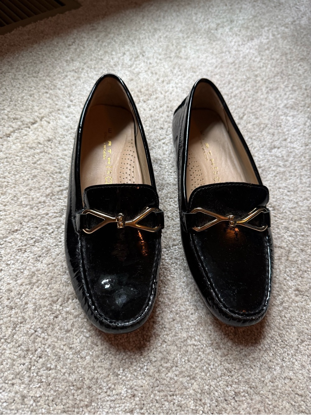 Wirth Original Mocassin Women’s Black Patent Loafers with Gold Accent